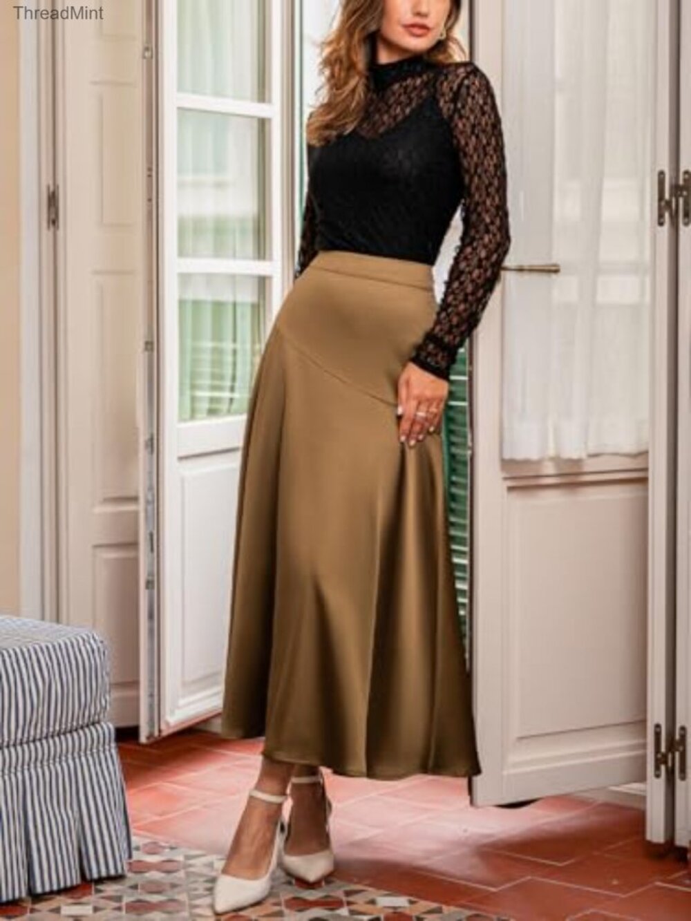 Satin Midi Skirt High Waisted A-Line Flowy Long Skirt Women - Picture 4 of 7